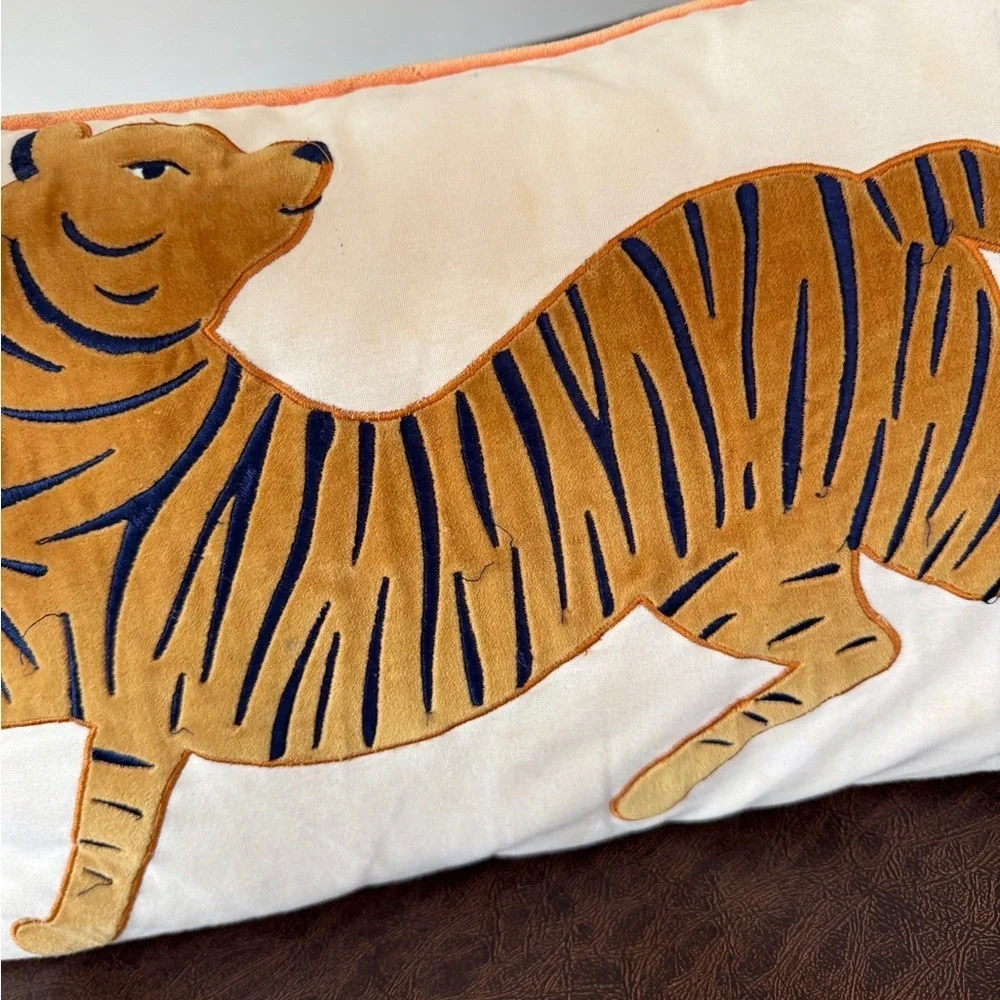 Crate & Barrel Tiger embroidered throw pillow accent home decor Kids